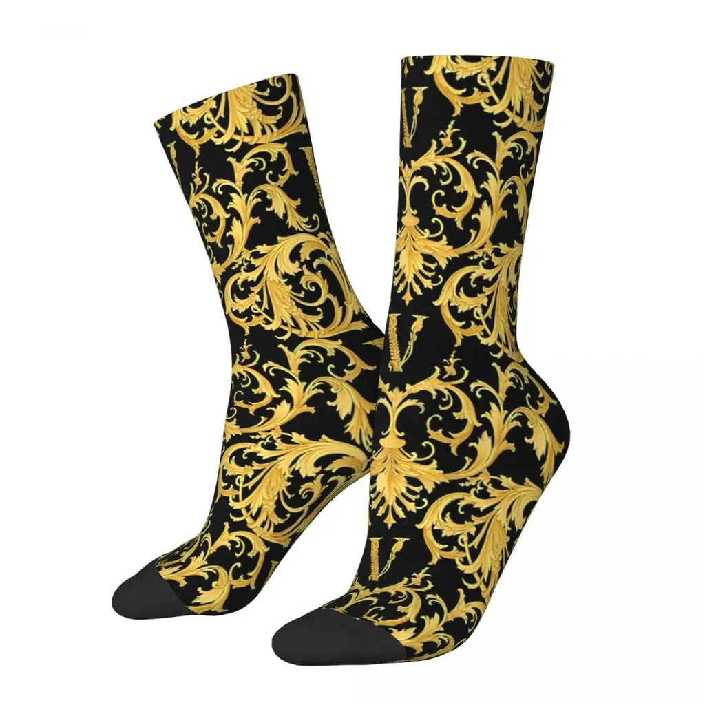 Funny Crazy Sock for Men Vintage Luxury Harajuku Golden Lion and Damask Quality Pattern Printed Crew Sock Casual Gift
