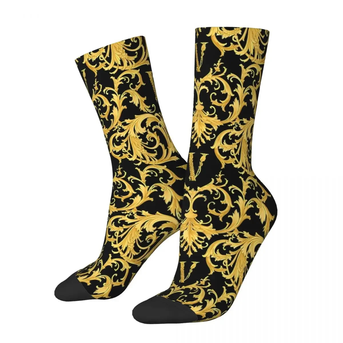 Funny Crazy Sock for Men Vintage Luxury Harajuku Golden Lion and Damask Quality Pattern Printed Crew Sock Casual Gift