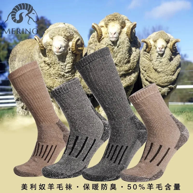 50% Merino Wool Socks For Men Thicken Warm Hiking Cushion Crew Socks Merino Wool Sports Socks Moisture Wicking calcetines hombre
