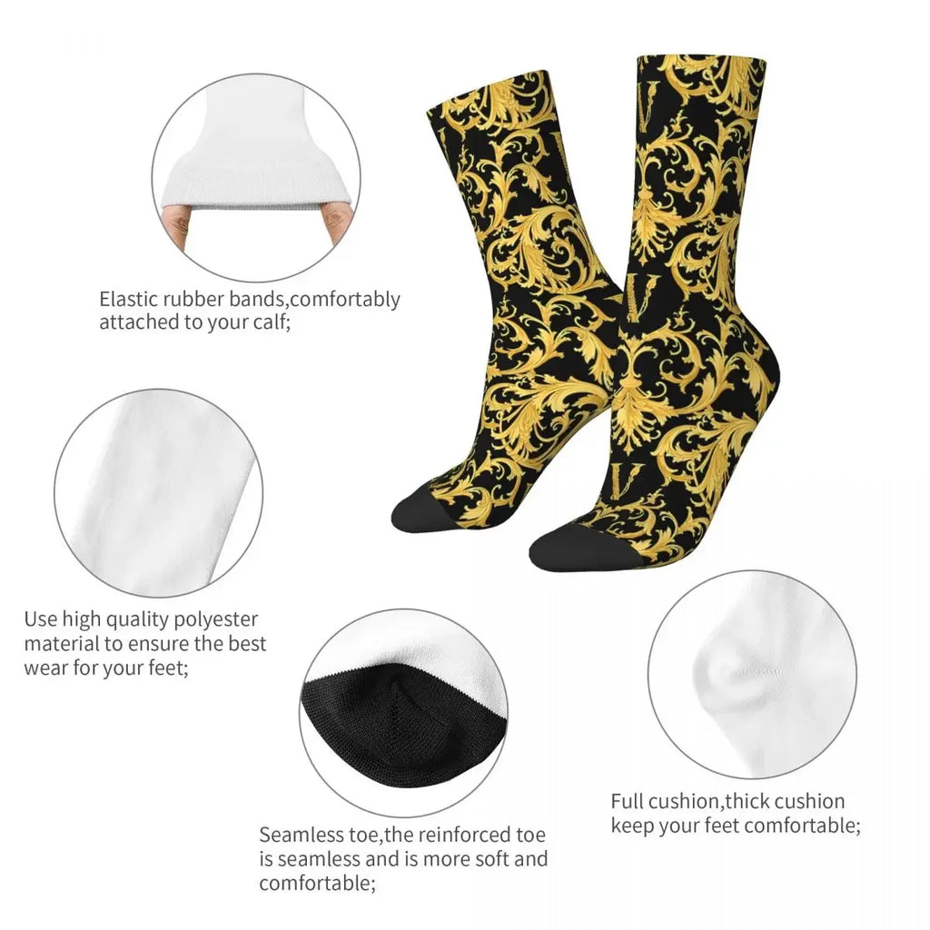 Funny Crazy Sock for Men Vintage Luxury Harajuku Golden Lion and Damask Quality Pattern Printed Crew Sock Casual Gift