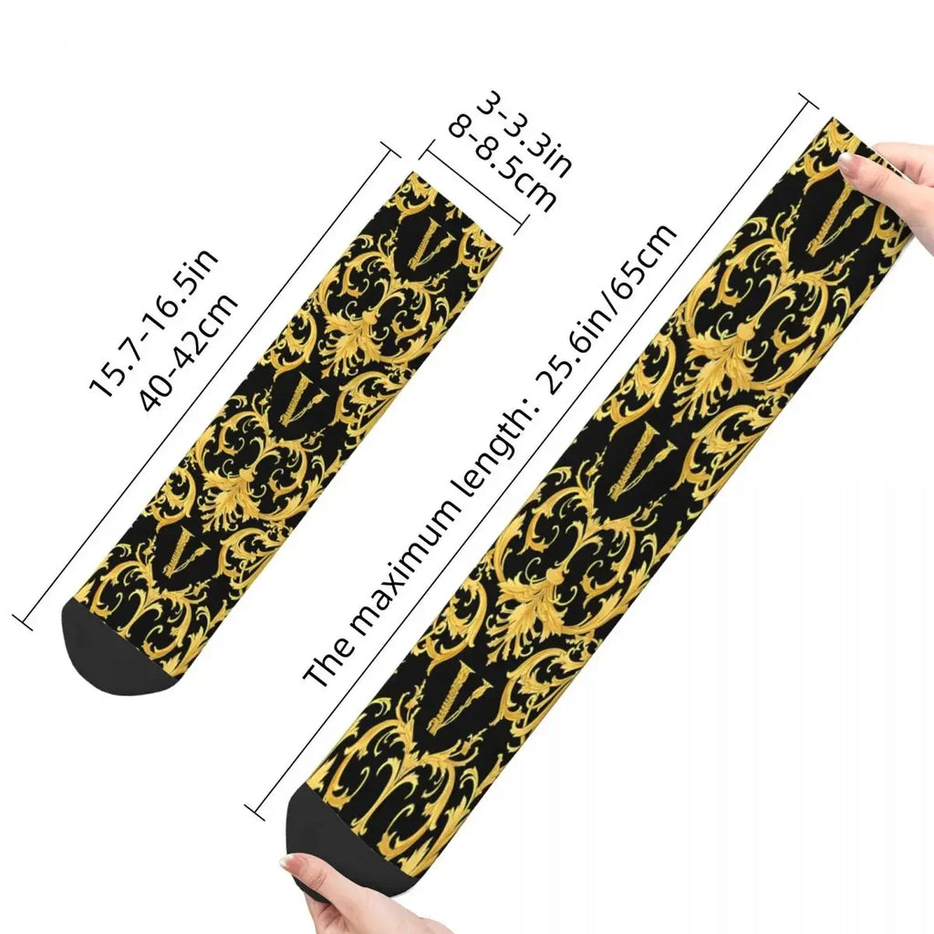 Funny Crazy Sock for Men Vintage Luxury Harajuku Golden Lion and Damask Quality Pattern Printed Crew Sock Casual Gift