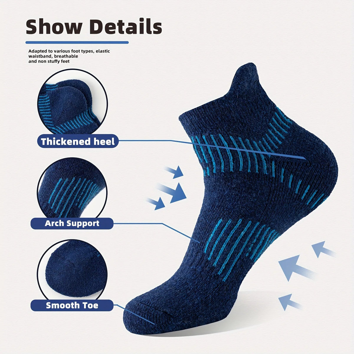 5 Pairs Unisex Merino Wool Ankle Hiking Running Socks Compression Support Thick Cushion No Show Socks Men Women Socks Breathable